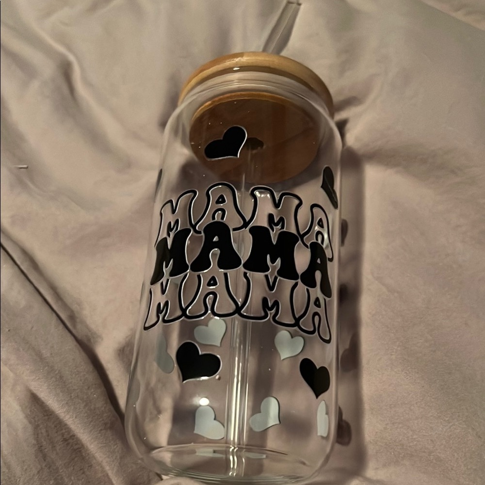 Never Used Handmade Heart Design Glass Tumbler with Straw